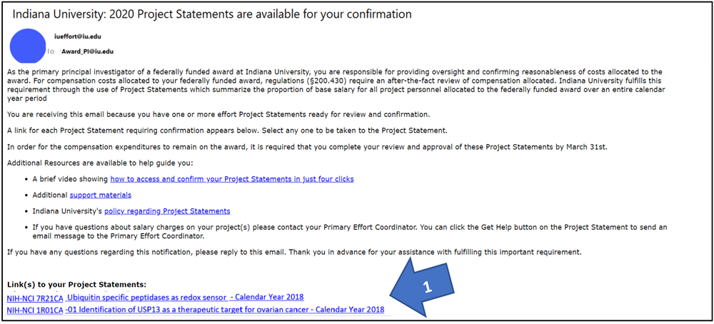 Screen shot example of email confirmation notice highlighting a link to click to follow to your Project Statement in ECC.
