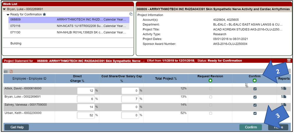 Screen shot example of ECC Project Statement highlighting confirmation check boxes and "Confirm" button.