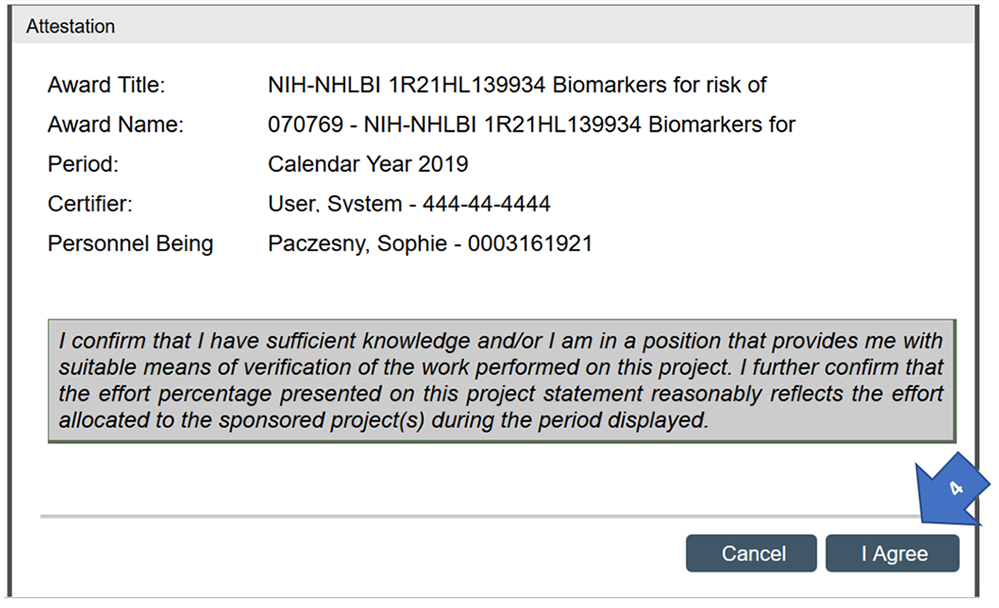 Screen shot example of Attestation Statement highlighting the "I Agree" button.