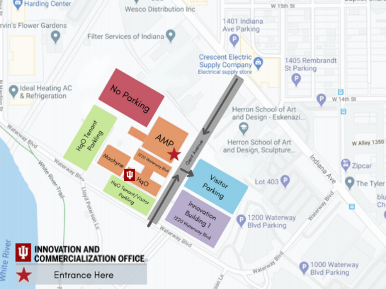 An aerial view map of the location of the Innovation and Commercialization office, adjacent parking lots, and nearby Bloomington landmarks.