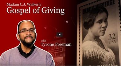 Flyer of Madam C. J. Walker’s Gospel of Giving with portrait of Tyrone Freeman.